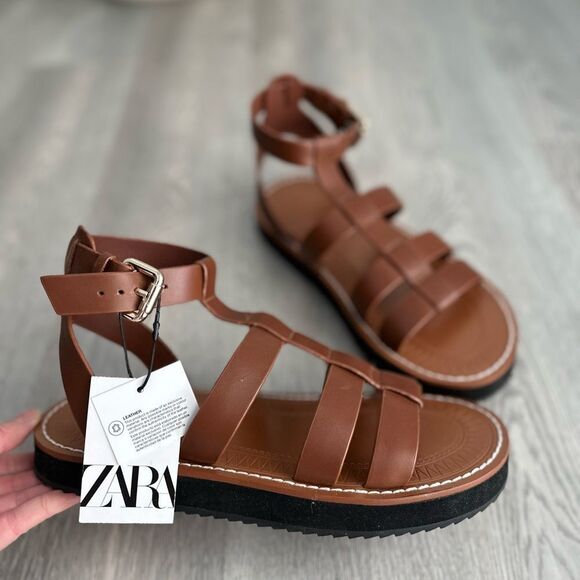 NWT ZARA LEATHER FISHERMAN SANDALS BROWN - Picture 2 of 7
